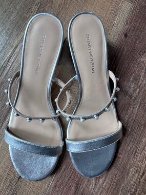 Stuart Weitzman Metallic Silver Beaded Mule Sandals